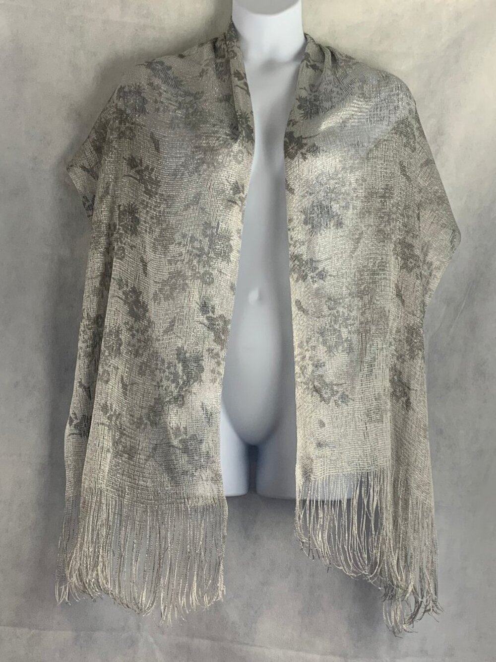 INC Women's Floral Dream Fringed Net Wrap Elegant Scarf, Silver, One Size